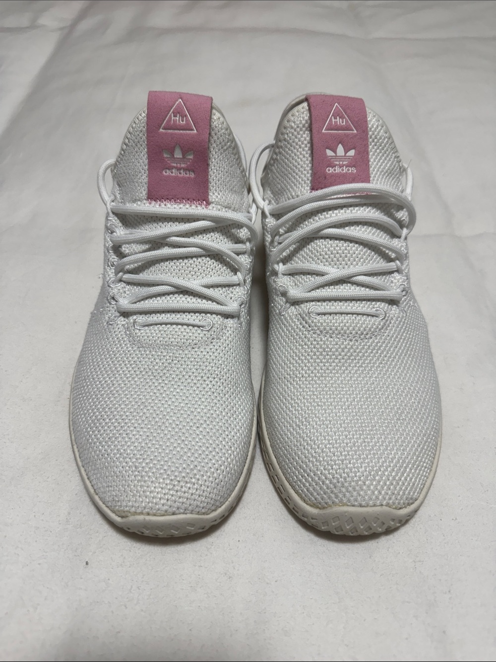 adidas White Knit Human Race Sneakers with Pink Tongue Accents